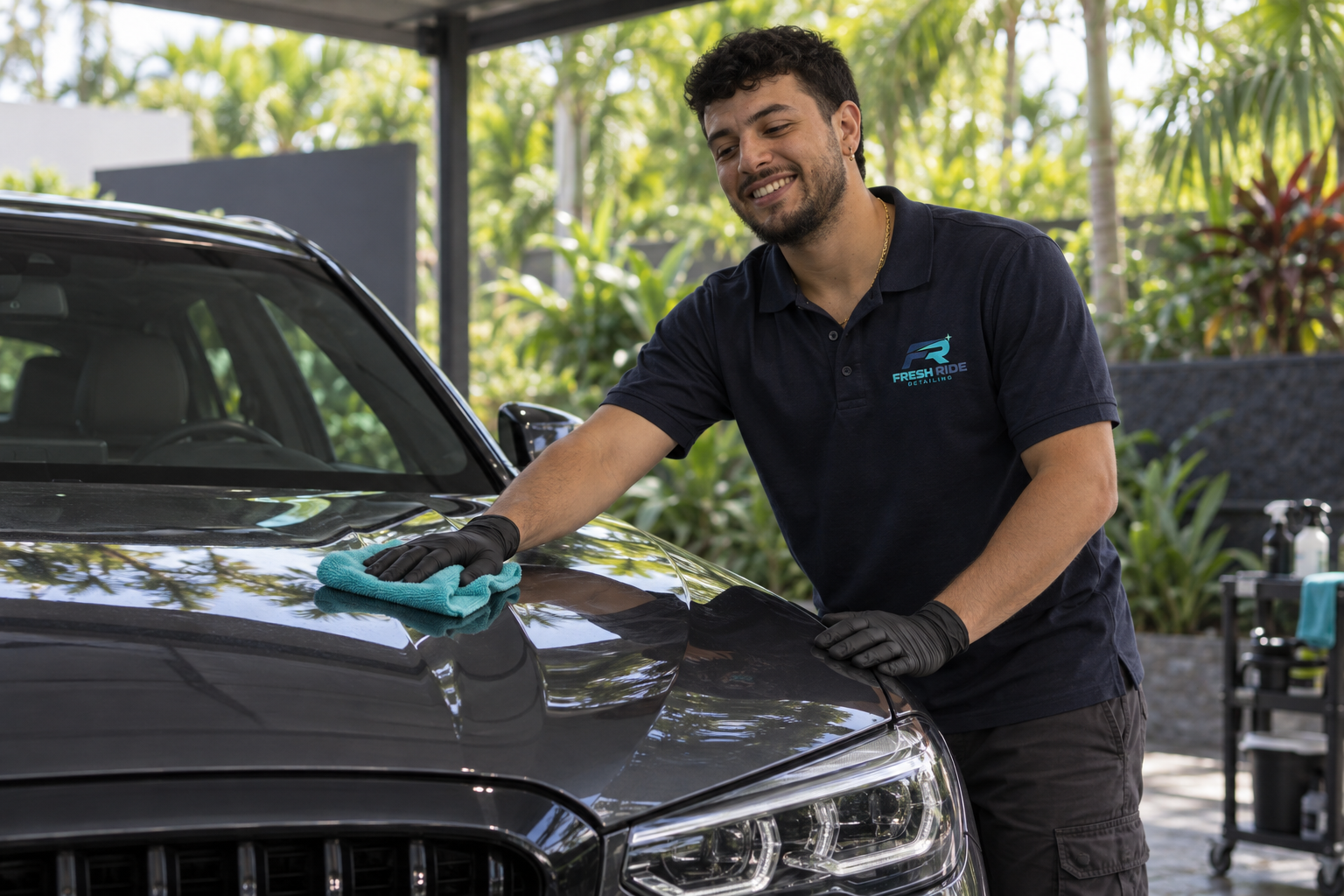 Fresh Ride detailer in a branded navy polo and gloves wiping a charcoal car with a turquoise microfiber cloth
